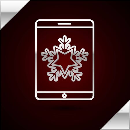 Silver line Merry Christmas on smartphone and snowflake icon isolated on dark red background. Happy New Year. Vector Illustrationのイラスト素材
