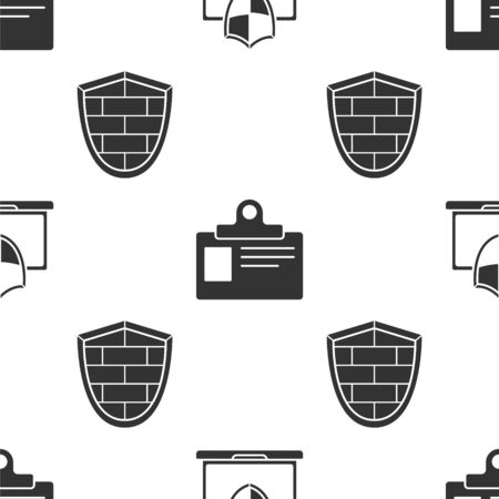 Set Laptop protected with shield, Identification badge and Shield with cyber security brick wall on seamless pattern. Vectorのイラスト素材