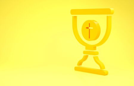 Yellow Christian chalice icon isolated on yellow background. Christianity icon. Happy Easter. Minimalism concept. 3d illustration 3D renderの写真素材