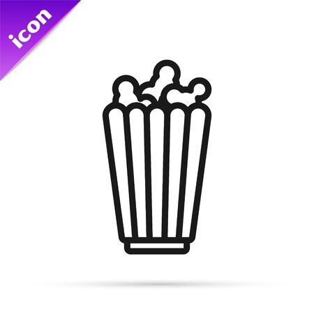 Black line Popcorn in cardboard box icon isolated on white background. Popcorn bucket box. Vector Illustrationのイラスト素材