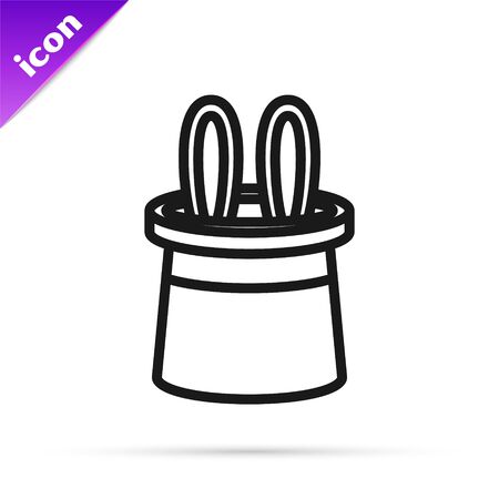 Black line Magician hat and rabbit ears icon isolated on white background. Magic trick. Mystery entertainment concept. Vector Illustrationのイラスト素材