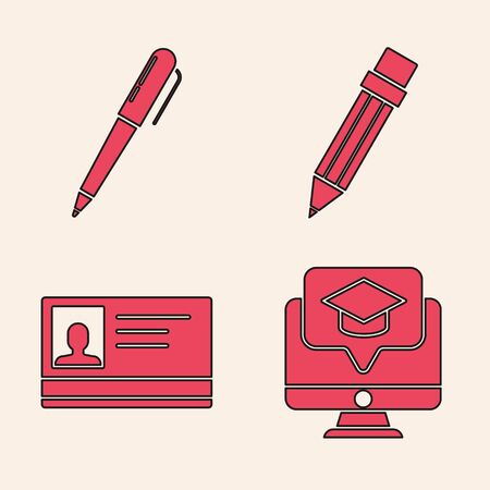 Set Monitor with graduation cap, Pen, Pencil with eraser and Identification badge icon. Vectorのイラスト素材