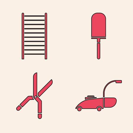 Set Lawn mower, Wooden staircase, Garden trowel spade or shovel and Gardening handmade scissors icon. Vectorのイラスト素材