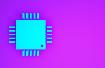 Blue Computer processor with microcircuits CPU icon isolated on purple background. Chip or cpu with...