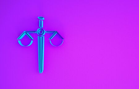 Blue Scales of justice icon isolated on purple background. Court of law symbol. Balance scale sign. Minimalism concept. 3d illustration 3D renderの写真素材