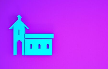 Blue Church building icon isolated on purple background. Christian Church. Religion of church. Minimalism concept. 3d illustration 3D renderの写真素材
