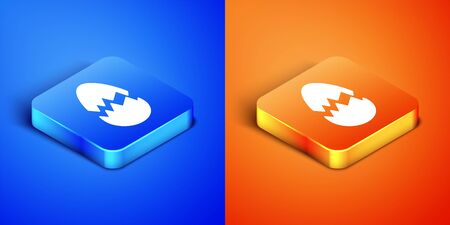 Isometric Broken egg icon isolated on blue and orange background. Happy Easter. Square button. Vector Illustrationのイラスト素材