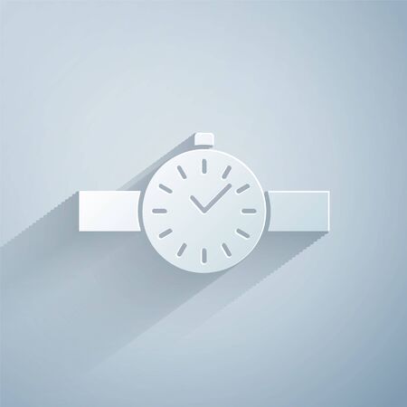 Paper cut Wrist watch icon isolated on grey background. Wristwatch icon. Paper art style. Vector Illustrationのイラスト素材