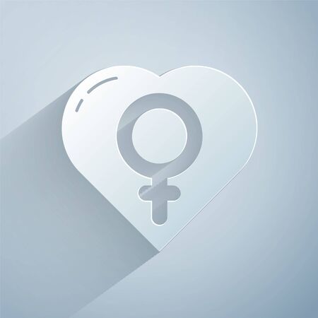 Paper cut Female gender in heart icon isolated on grey background. Venus symbol. The symbol for a female organism or woman. Paper art style. Vector Illustrationのイラスト素材