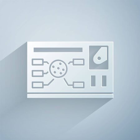 Paper cut Futuristic hud interface icon isolated on grey background. Hologram ui infographic, interactive globe and cyber sky fi screen. Paper art style. Vector Illustrationのイラスト素材