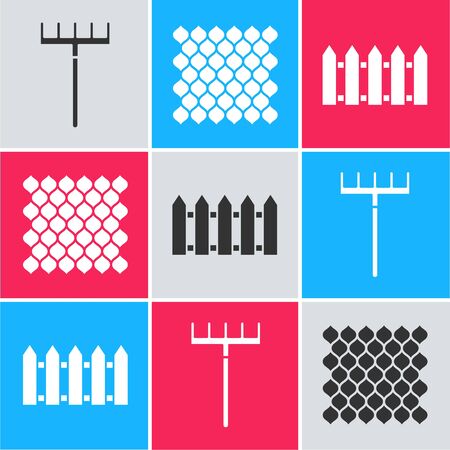 Set Garden rake, Garden fence wooden and Garden fence wooden icon. Vectorのイラスト素材