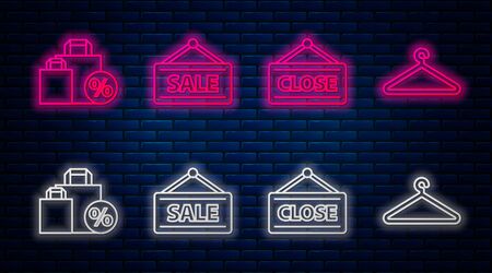 Set line Hanging sign with Sale, Hanging sign with Closed, Shoping bag with discount and Hanger wardrobe. Glowing neon icon on brick wall. Vectorのイラスト素材