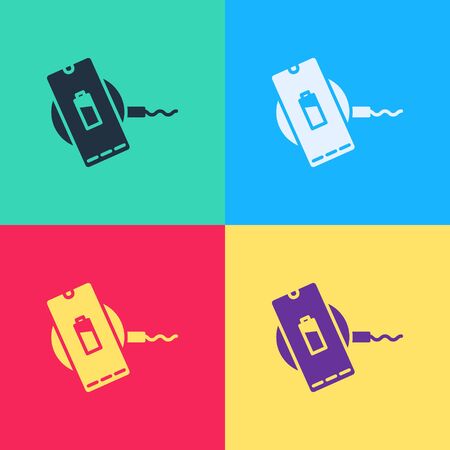 Pop art Smartphone charging on wireless charger icon isolated on color background. Charging battery on charging pad.  Vector Illustrationのイラスト素材