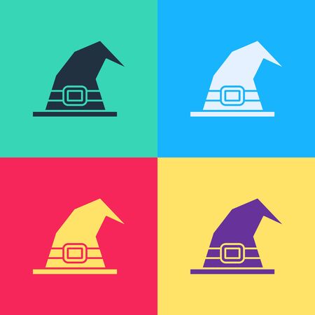 Pop art Witch hat icon isolated on color background. Happy Halloween party.  Vector Illustrationのイラスト素材