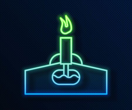 Glowing neon line Oil rig with fire icon isolated on blue background. Gas tower. Industrial object.  Vector Illustrationのイラスト素材