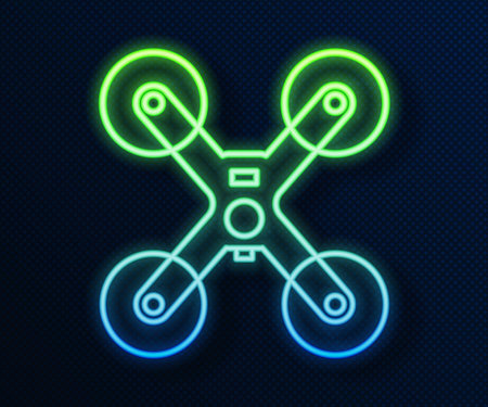 Glowing neon line Drone flying icon isolated on blue background. Quadrocopter with video and photo...