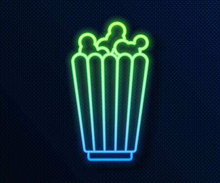 Glowing neon line Popcorn in cardboard box icon isolated on blue background. Popcorn bucket box.  Vector Illustrationのイラスト素材