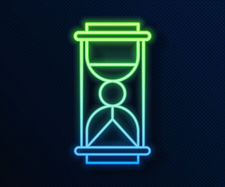 Glowing neon line Old hourglass with flowing sand icon isolated on blue background. Sand clock sign. Business and time management concept. Vector Illustrationのイラスト素材