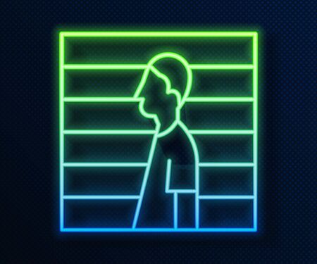 Glowing neon line Suspect criminal icon isolated on blue background. The criminal in prison, suspected near the board. Vector Illustrationのイラスト素材