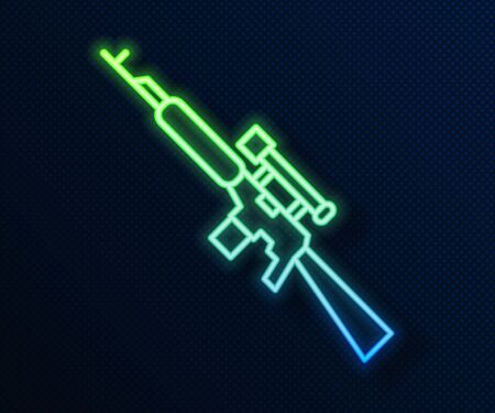 Glowing neon line Sniper rifle with scope icon isolated on blue background. Vector Illustrationのイラスト素材