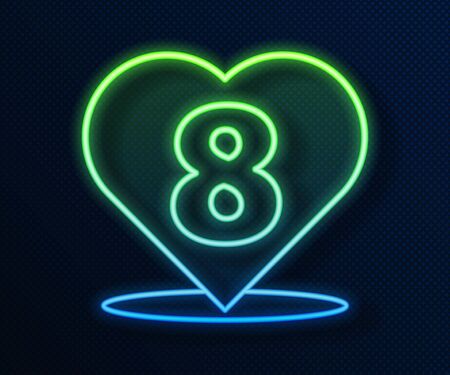Glowing neon line Heart with 8 March icon isolated on blue background. Romantic symbol linked, join, passion and wedding. Happy Women Day.  Vector Illustrationのイラスト素材