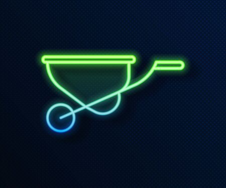 Glowing neon line Wheelbarrow icon isolated on blue background. Tool equipment. Agriculture cart wheel farm. Vector Illustrationのイラスト素材