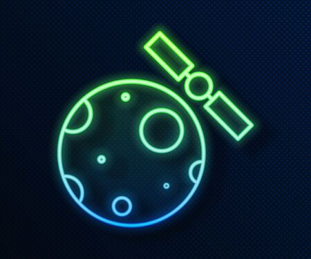 Glowing neon line Artificial satellites orbiting the planet Earth in outer space icon isolated on blue background. Communication, navigation concept.  Vector Illustrationのイラスト素材