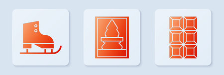 Set Christmas postcard, Figure skates and Chocolate bar. White square button. Vectorのイラスト素材