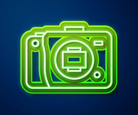 Glowing neon line Mirrorless camera icon isolated on blue background. Foto camera icon.  Vector Illustrationのイラスト素材