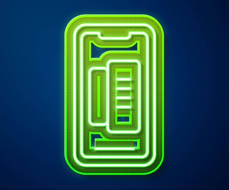 Glowing neon line Smartphone, mobile phone icon isolated on blue background.  Vector Illustrationのイラスト素材