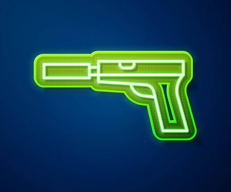 Glowing neon line Pistol or gun with silencer icon isolated on blue background. Vector Illustrationのイラスト素材