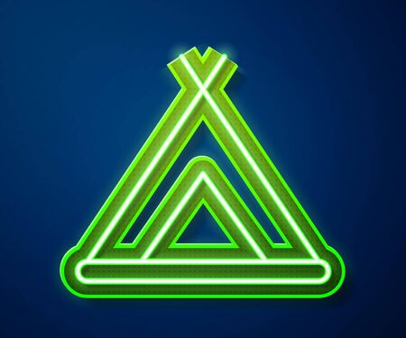 Glowing neon line Tourist tent icon isolated on blue background. Camping symbol. Vector Illustrationのイラスト素材
