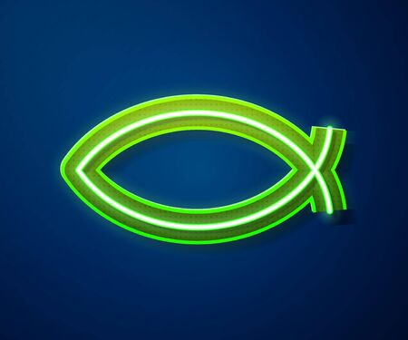 Glowing neon line Christian fish symbol icon isolated on blue background. Jesus fish symbol. Vector Illustrationのイラスト素材