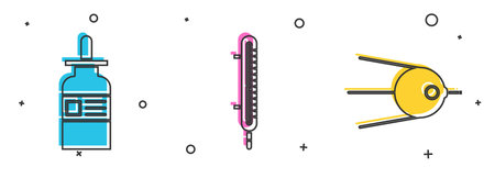 Set Glass bottle with a pipette, Meteorology thermometer measuring and Satellite icon. Vector