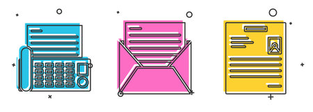 Set Fax machine, Mail and e-mail and Personal document icon. Vector