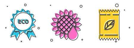 Set Banner, label, tag, logo for eco, Sunflower and A pack full of seeds of a specific plant icon....