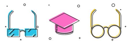 Set Glasses, Graduation cap and Glasses icon. Vectorのイラスト素材