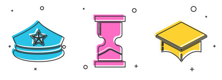Set Police cap with cockade, Old hourglass and Graduation cap icon. Vectorのイラスト素材