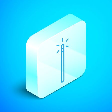 Isometric line Magic wand icon isolated on blue background. Star shape magic accessory. Magical power. Silver square button. Vector Illustrationのイラスト素材