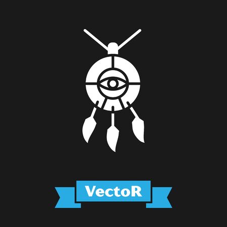 White Dream catcher with feathers icon isolated on black background. Vector Illustrationのイラスト素材