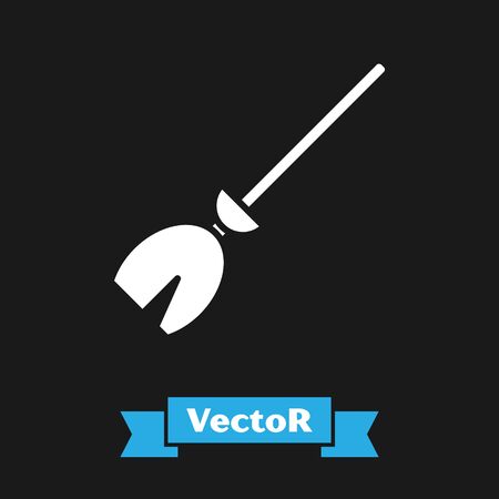 White Witches broom icon isolated on black background. Happy Halloween party. Vector Illustrationのイラスト素材