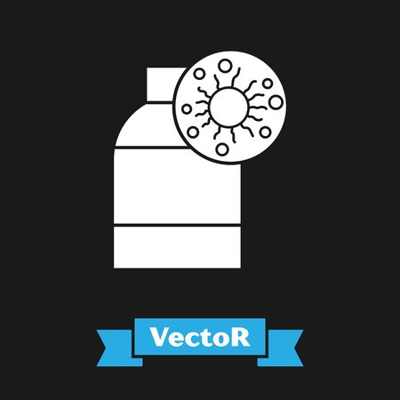 White Bottle with virus and bacteria icon isolated on black background. Analysis microorganism, research, diagnosis. Vector Illustrationのイラスト素材