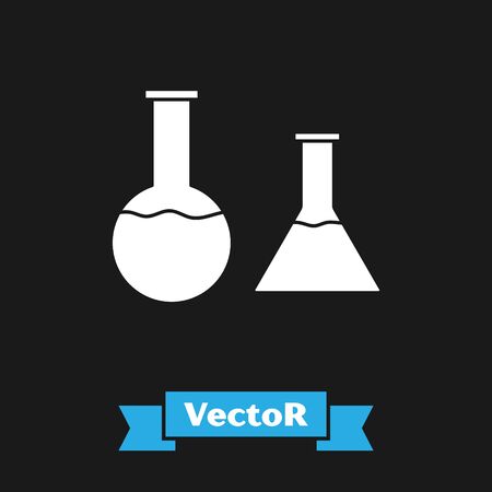White Test tube and flask icon isolated on black background. Chemical laboratory test. Laboratory glassware. Vector Illustrationのイラスト素材