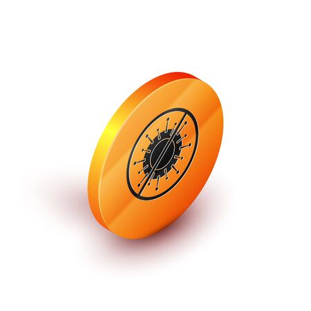 Isometric Stop virus icon isolated on white background. Corona virus 2019-nCoV. Bacteria and germs, cell cancer, microbe, fungi. Orange circle button. Vector Illustrationのイラスト素材
