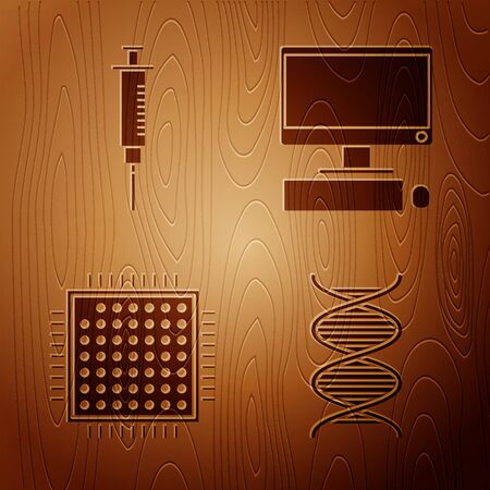 Set DNA symbol, Syringe, Processor and Computer monitor with keyboard and mouse on wooden background. Vectorのイラスト素材