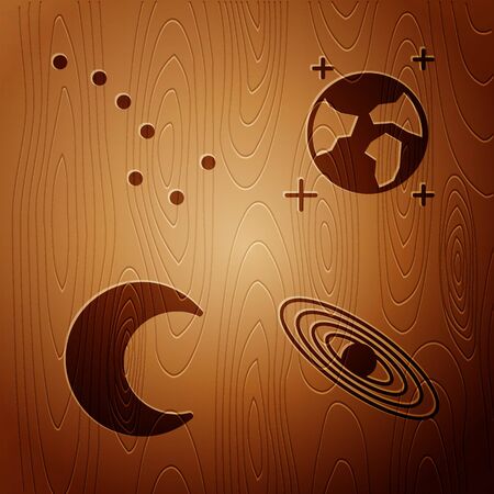 Set Planet, Great Bear constellation, Moon and stars and Earth globe on wooden background. Vectorのイラスト素材