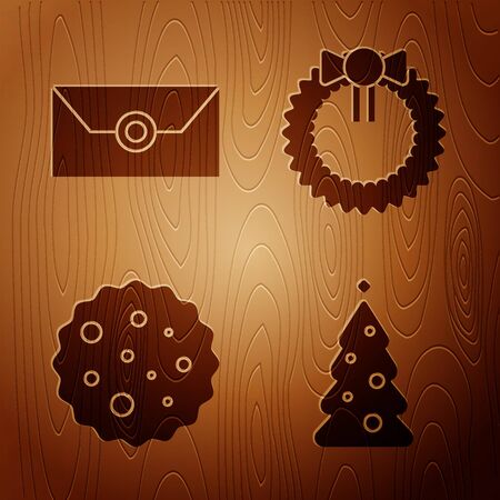 Set Christmas tree with decorations, Envelope with christmas party invitation card, Cookie or biscuit with chocolate and Christmas wreath on wooden background. Vectorのイラスト素材
