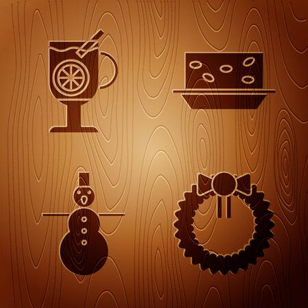 Set Christmas wreath, Mulled wine with glass of drink, Christmas snowman and Nougat with nuts on wooden background. Vectorのイラスト素材