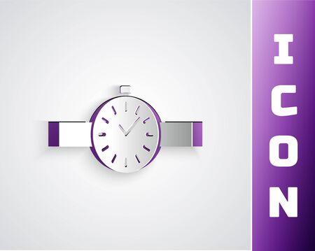 Paper cut Wrist watch icon isolated on grey background. Wristwatch icon. Paper art style. Vector Illustrationのイラスト素材