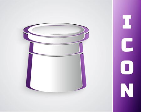 Paper cut Magician hat icon isolated on grey background. Magic trick. Mystery entertainment concept. Paper art style. Vector Illustrationのイラスト素材